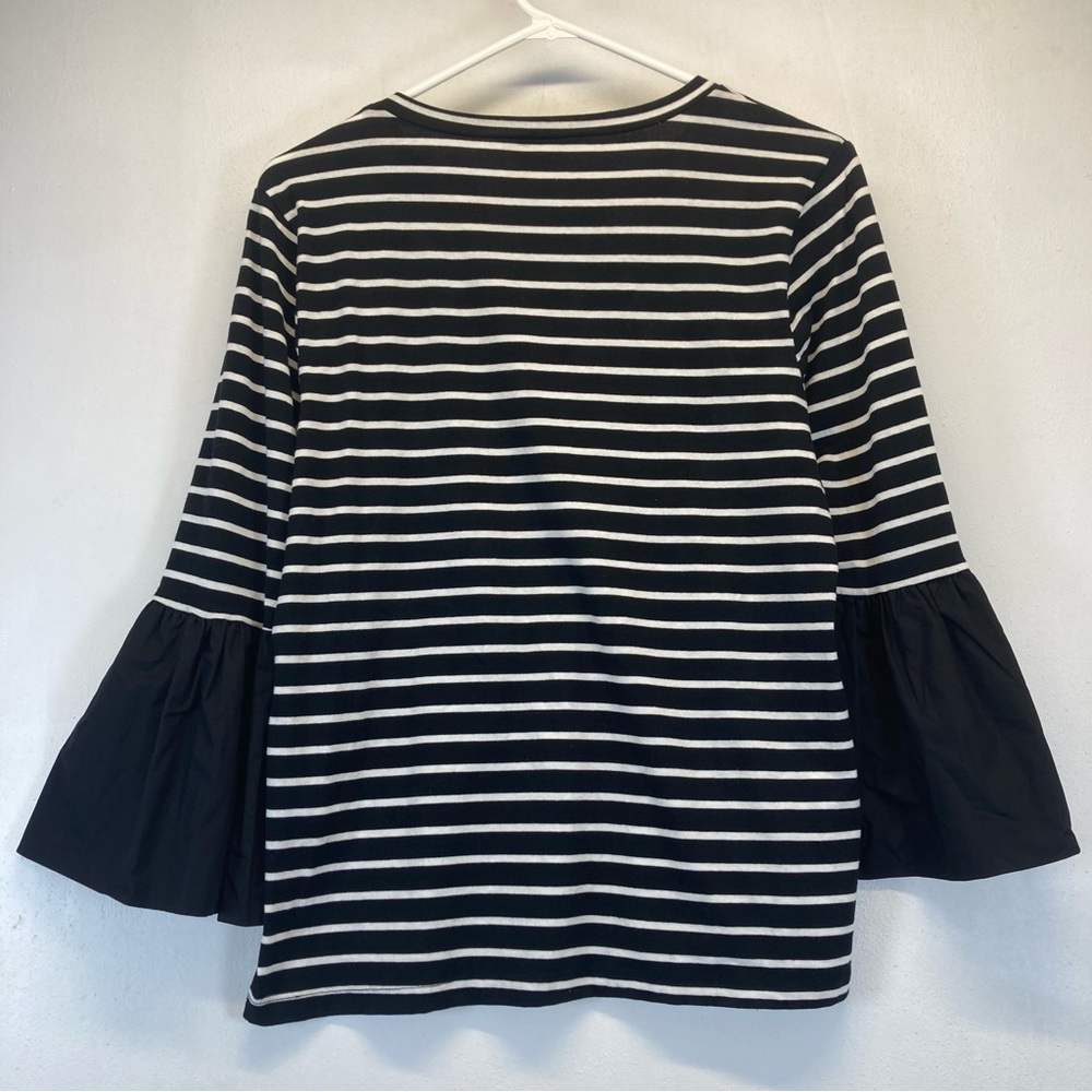Anthropologie M Black White Striped Mixed Media Long Bell Sleeve Top - Picture 2 of 11